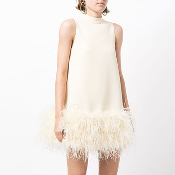 Woochic mini-robe col mi-haut en plume d’autruche droite sans manches,cocktail blanc S